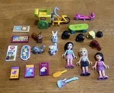 LEGO Friends Mixed Lot Mini Figures Dog Cat Rabbit Books Guitar Bike Cart Wigs