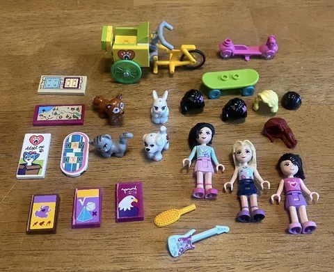 LEGO Friends Mixed Lot Mini Figures Dog Cat Rabbit Books Guitar Bike Cart Wigs