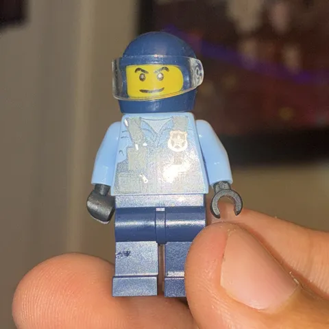 LEGO Police Officer Minifigure, Blue Helmet, Light Blue Shirt, Dark Blue Legs