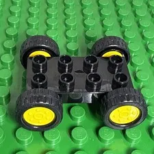 Lego Duplo Car Base 2X4 Fixed Axles Black Tires and yellow wheels
