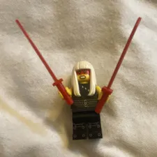 LEGO Minifigure White Hair Black Outfit w/ 2 Red Swords Weapon Accessories