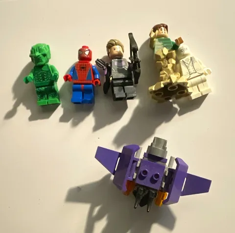 LEGO Green Goblin, Spider-Man, and sand man, with a couple extra figs+glider