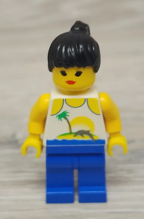 Lego par055 Island with Palm and Sun Blue Legs Black Ponytail Hair Minifigure