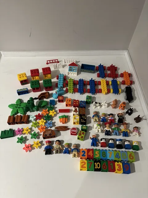 Large Lego Duplo Lot 100+ Pieces, 19 Figures, 6 Animals, Train/Car Pieces & More