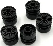 Lego 5 New Black Wheels 18mm D. x 14mm with Pin Hole Fake Bolts Parts