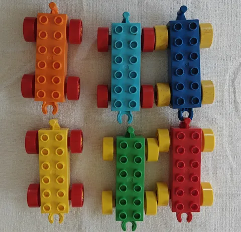 Lego DUPLO Train Car Base W/Wheels 2x6-Green-Red-Yellow & Blue Lot Of 6