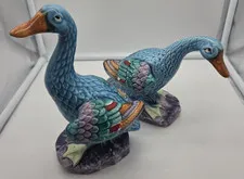 2 Vintage Glazed Cermic Ducks  Abstact Mixed Colors A64