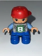 Lego Duplo Boy Figure Blue Top with 8 Pattern Red Helmet Freckles