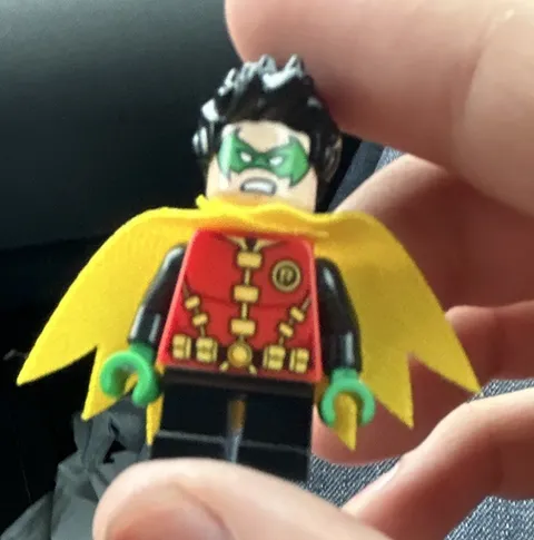 LEGO Robin Minifigure Plastic Figure Yellow Cape Green Mask Black Hair