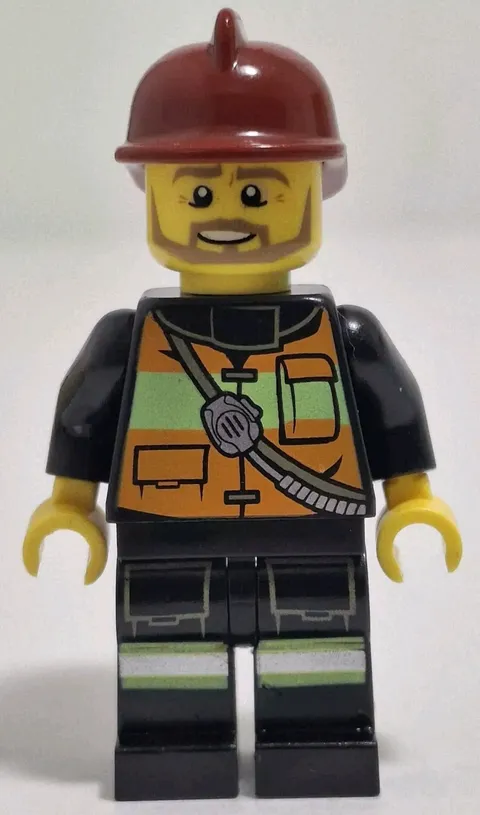 Lego Firefighter Minifigure Beard Reflective Stripe Vest Pockets Shoulder Strap