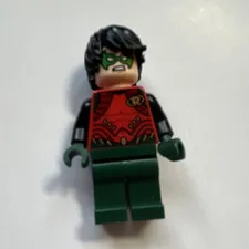 LEGO Robin Minifigure Red Torso w/ "R" Logo, Dark Green Legs, Black Hair