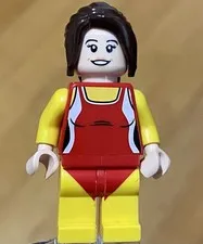 LEGO Girl Female,  Red Swimsuit, Bikini Bottoms, Pleasant Smile, Brown Ponytail