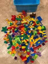 Lot 200+ Lego Duplo and Mega Bloks Bricks, Vehicles, People, Animals, + bin