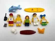 LEGO Beach Party minifig lot of 5 surfers lifeguard Surfboard crab dolphin