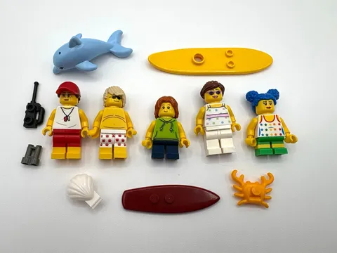 LEGO Beach Party minifig lot of 5 surfers lifeguard Surfboard crab dolphin