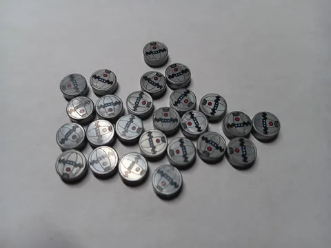 LEGO LOT 24 ROUND SILVER SMOOTH TILE 1X1 THERMAL DETONATOR RED BUTTON STAR WARS