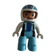 Lego Duplo Building Block Figure CAR RACER Man White Helmet Blue #34