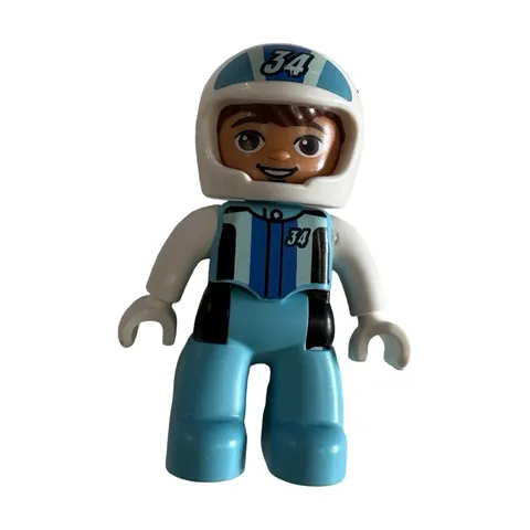 Lego Duplo Building Block Figure CAR RACER Man White Helmet Blue #34