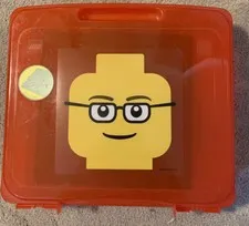 Lego~ Red Storage Case~ Head With Glasses W/ Original Green Base Plate