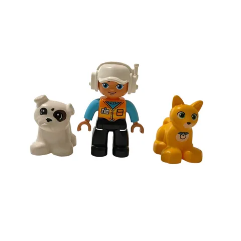 Lego Duplo Figure Lot of 3 Construction Man Cat and Dog 2" Minifigures