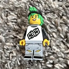 LEGO Minifigure Green Hair, Black Cap, White/Black Torso, Gray Legs, 2-Face Head
