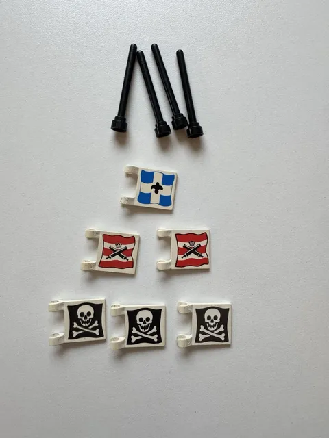 Vintage LEGO Pirates Printed Flag Lot 6 Jolly Roger Imperial + 4 Poles