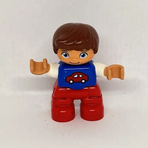 LEGO Duplo Figure Kid Boy Brown Hair Blue Shirt w/ Red Car Red Pants A2