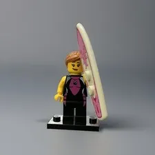 LEGO Female Surfer Minifigure w/ White/Pink Surfboard & Display Base