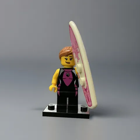 LEGO Female Surfer Minifigure w/ White/Pink Surfboard & Display Base