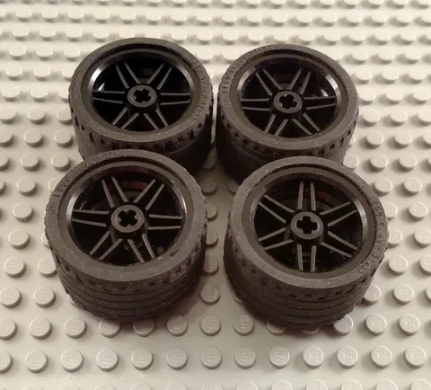 LEGO Lot of 4 Black 37x22 Car Tires with Black Hubs
