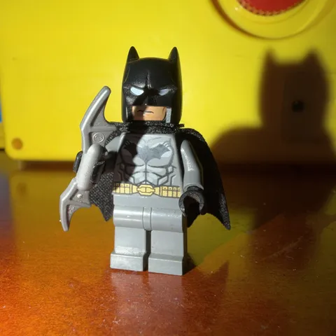 LEGO Batman Minifigure Dark Bluish Gray Suit Gold Belt Black Hands Fabric Cape