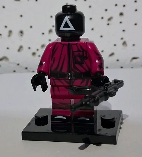 Squid Game Pink Triangle Guard Custom Lego Minifigure  With Black Stand 