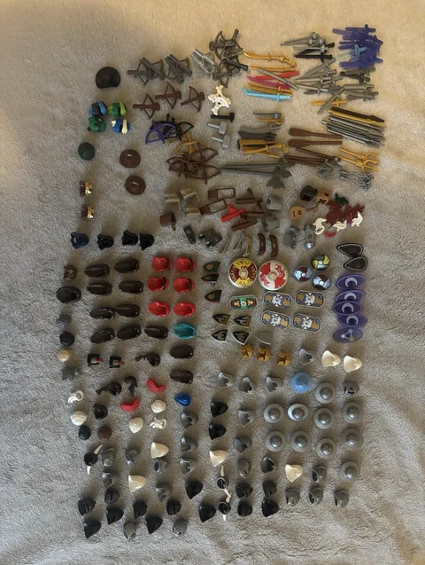 LEGO Castle Accessories lot of Helmets, Shields, Weapons, Bags, etc.