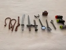 LEGO Minifigure Weapons Accessories Lot 14 Swords Whips Guns Tools Goggles Case