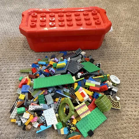LEGO Bulk Lot Mixed Bricks Plates & Parts w/ Red Storage Tub non LEGO brand tub
