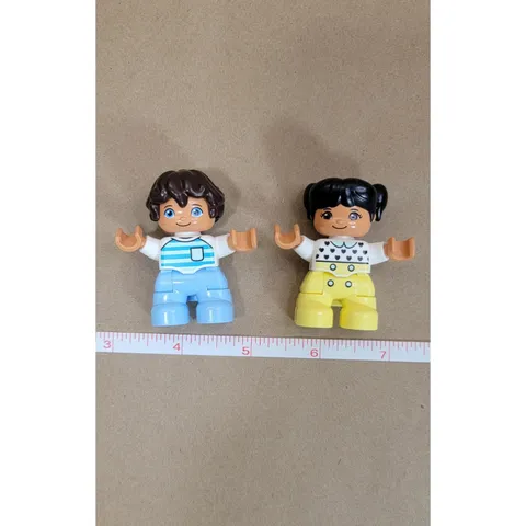 LEGO Duplo Figures Lot of 2 Boy Blue Stripes Girl Hearts Yellow Pants 2 Inch