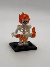 LEGO Flame Skeleton Minifigure w/ Fire Hair Dragon Staff Flame Weapon & Stand