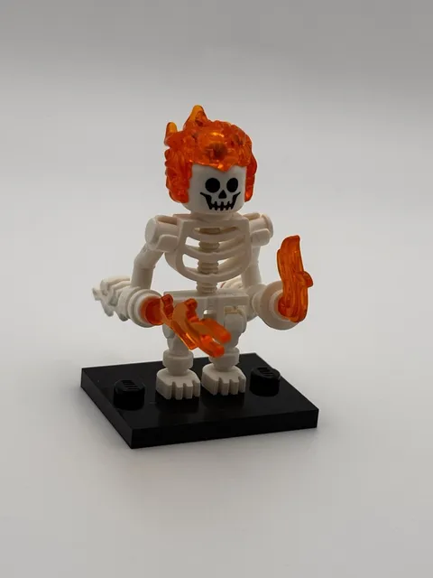 LEGO Flame Skeleton Minifigure w/ Fire Hair Dragon Staff Flame Weapon & Stand