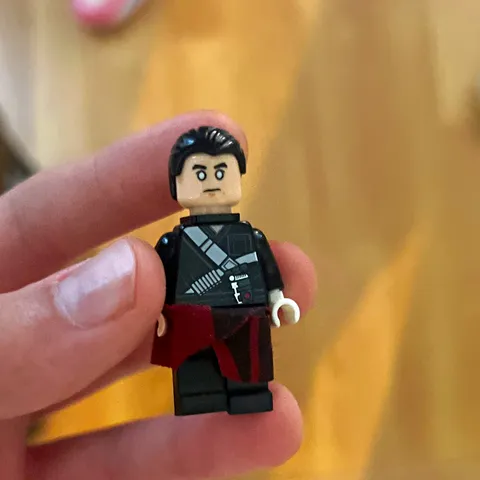 LEGO Minifigure Black Outfit Red Legs Black Hair Red Cape Plastic