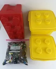 Lot Of 3 Lego Tubs & 2 Lbs Of Legos Yellow And Red Container Duplo Lid & Handles