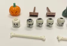 LEGO Halloween Lot Pumpkins Skulls Bones Witch Hat Brooms Minifigure Parts