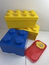 Lot of 4 LEGO Stud Yellow And Blue Storage Containers And Red Lego Head Case