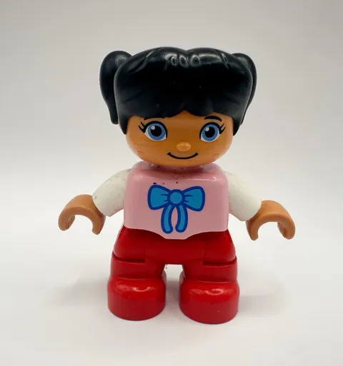 Lego Duplo Figure Girl, Pink Shirt, Blue Bow Bowtie, Red Pants