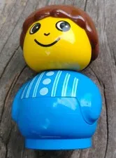 Lego Duplo Boy Primo Figure Vtg 3" Tall Dk Brown Hair Blue Body White Stripes 
