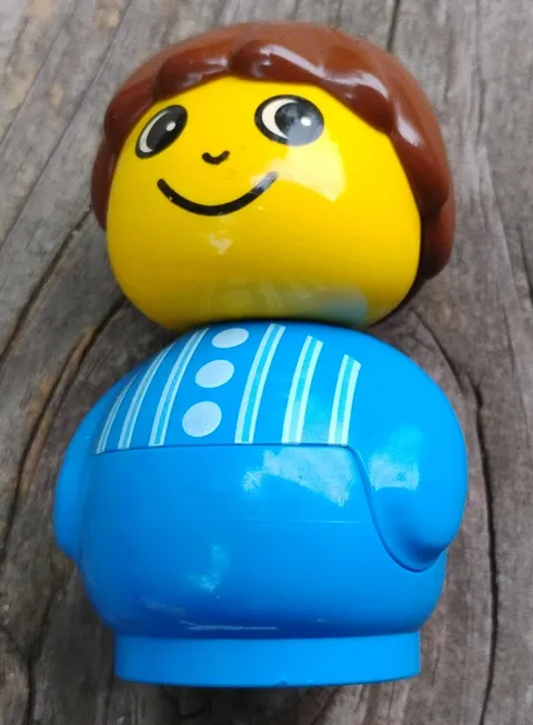 Lego Duplo Boy Primo Figure Vtg 3" Tall Dk Brown Hair Blue Body White Stripes 