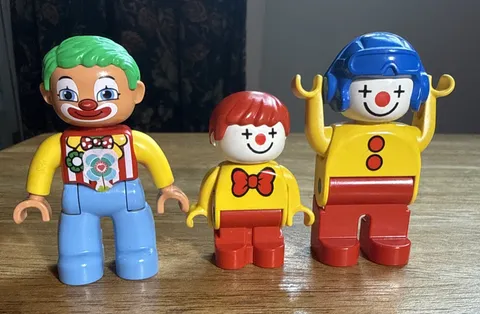 Lot of 3 Vintage Duplo Clown Figures - Green Haired Clown, Blue and Red Clown