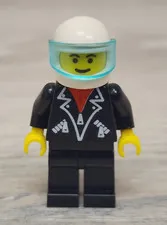 Lego Town trn108 Leather Jacket with Zippers Black Legs White Helmet Minifigure