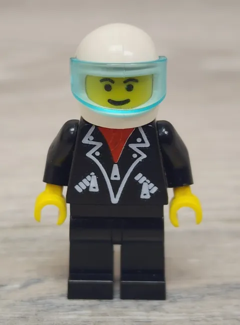Lego Town trn108 Leather Jacket with Zippers Black Legs White Helmet Minifigure