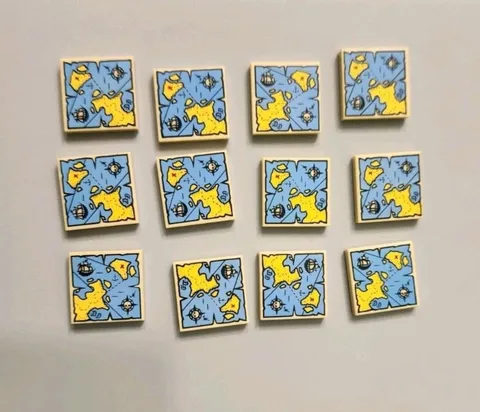 NEW LEGO® 12 Tan Tile 2 x 2 Map Blue Water Yellow Land Black Pirate Ship Part