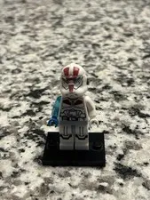 LEGO Minifigure White Armor w/ Helmet, Red Markings, Blue Arm, Display Stand
